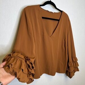 Amanda Uprichard‎ Hazelnut Wheatley New York Women's Brown Ruffle Blouse Size XL